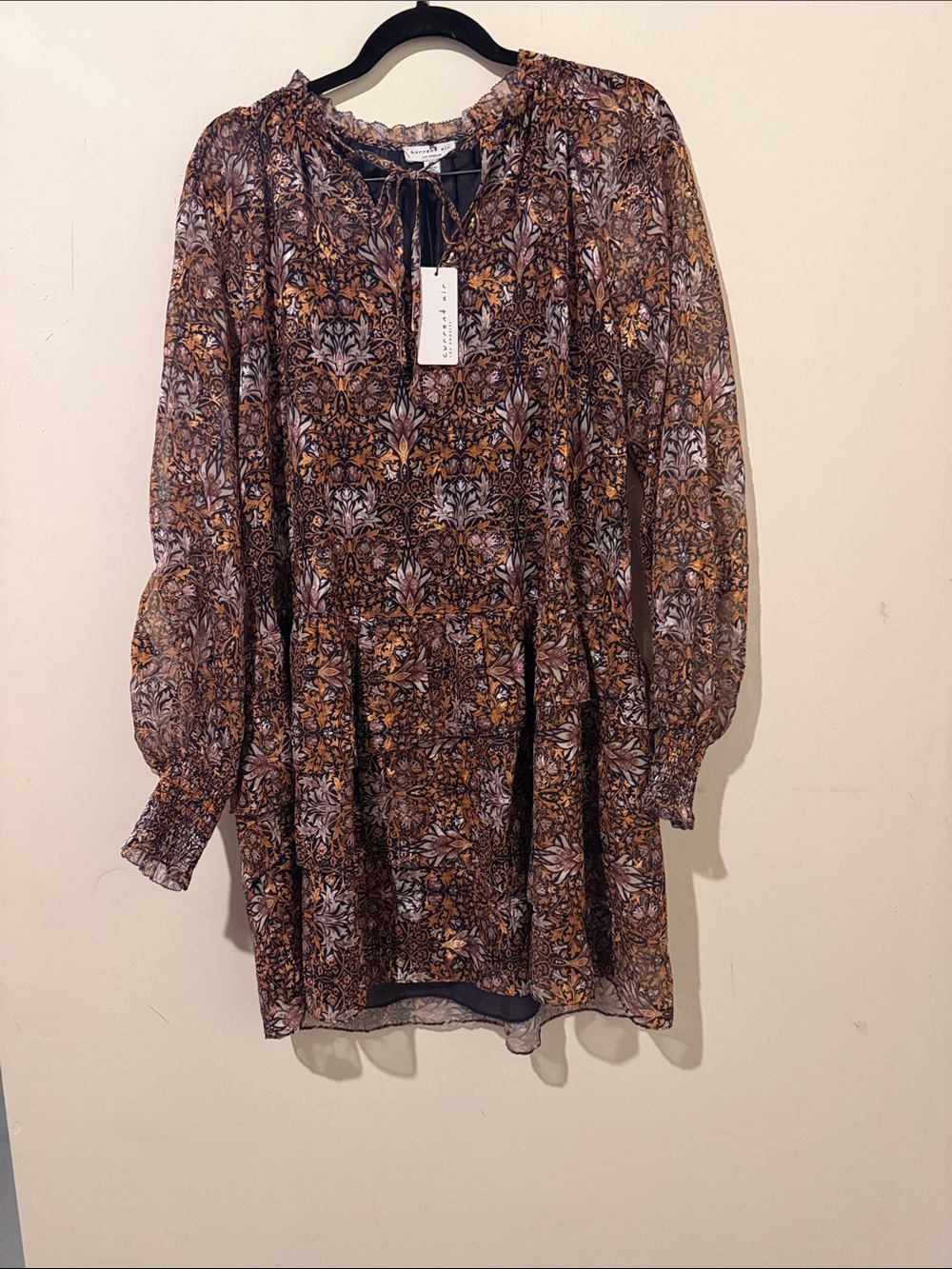 NWT Current Air Brown Multi Floral Long Sleeve Smocked Tunic Dress Size XSmall